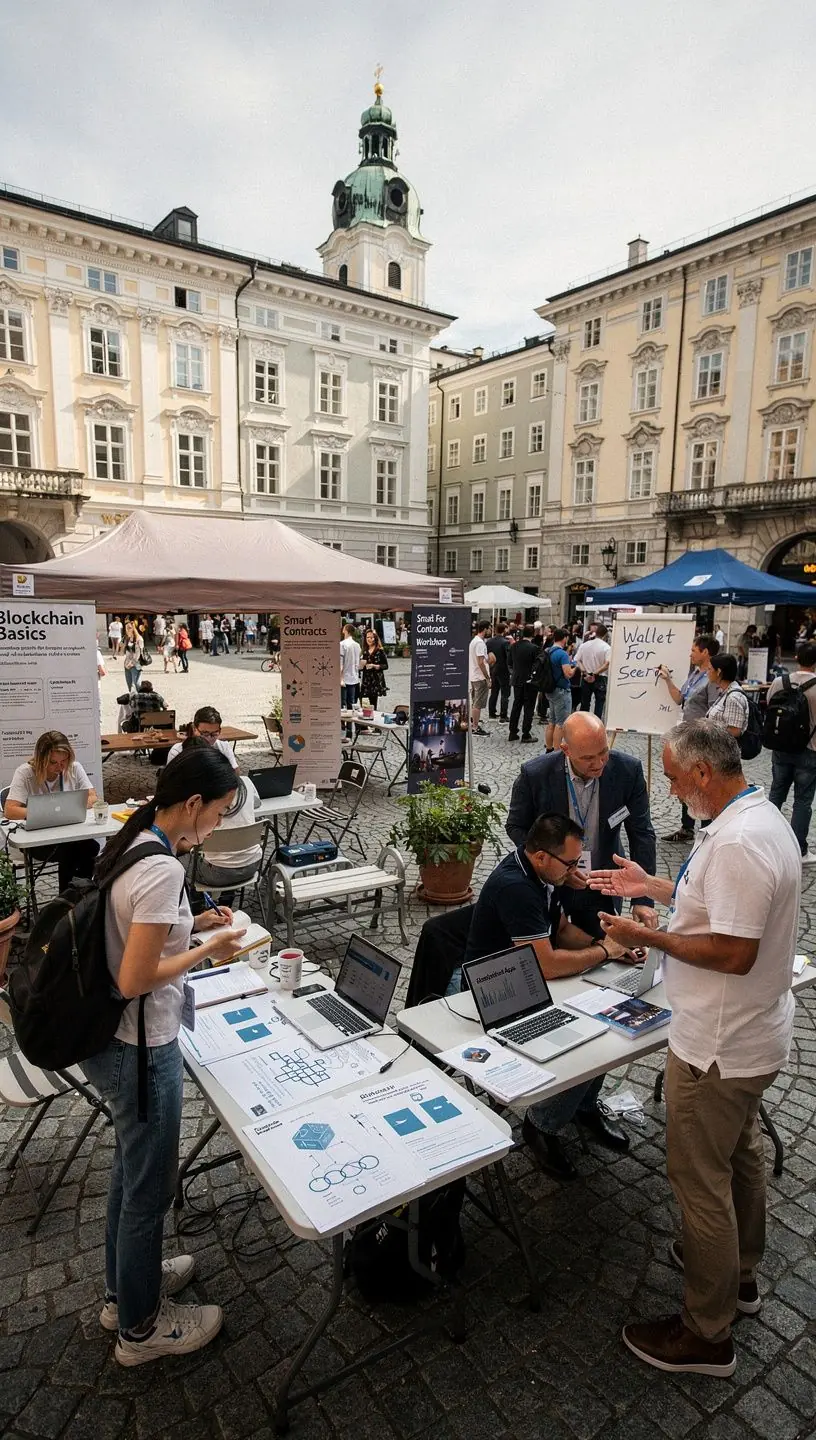 Ein Bild von einem Dozenten, der eine Präsentation über Blockchain-Technologie hält.